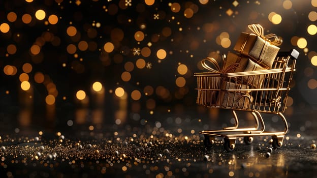 A shopping cart is overflowing with brightly wrapped presents, sitting atop a wooden table. The scene conveys a festive atmosphere, suggesting holiday shopping or a sale event like Black Friday.