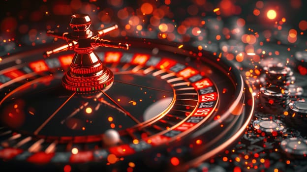 A detailed close-up showcases a roulette wheel in mid-spin surrounded by the glimmering bokeh of casino lights. The focus on the red and black numbers and the shiny metal ball conveys the excitement and chance inherent in casino gaming. The atmosphere is one of anticipation and thrill, typical of a bustling casino environment.