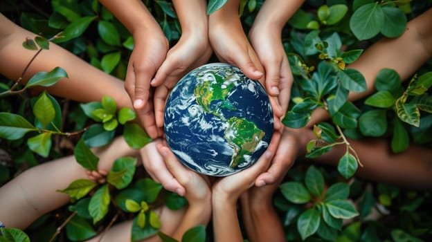 A diverse group of individuals of different ages, genders, and ethnicities are standing together, united, as they hold a globe in their hands. The globe symbolizes unity, global awareness, and the importance of protecting our planet.