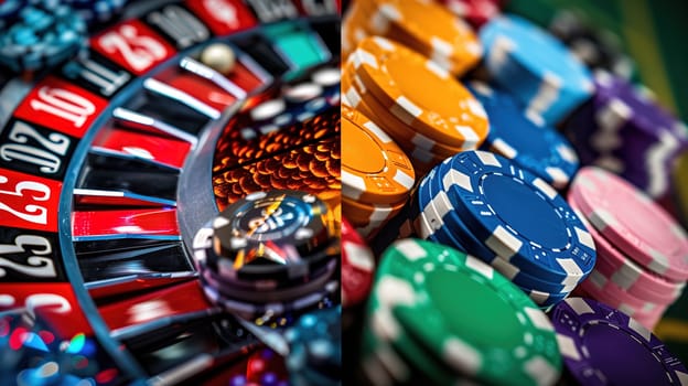 A detailed close-up view of a casino roulette wheel in action, with the silver ball spinning amongst the numbered slots. The wheel is surrounded by a green felt table with various betting options.