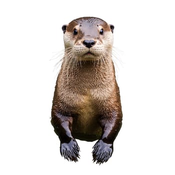 Animal isolated on transparent background. Playful river otter Lontra canadensis swimming gracefully sleek brown fur whiskered face Animal photography.