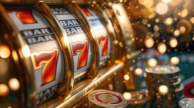 A row of slot machines illuminated by bright lights in a bustling casino setting. The machines are adorned with colorful graphics and buttons, attracting players to try their luck and win big.