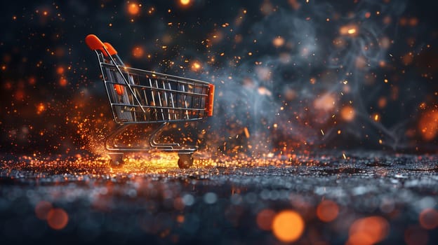 An empty shopping cart sits abandoned on a wet surface, reflecting the dull sky above. The damp ground contrasts with the metallic sheen of the cart, hinting at recent rain.