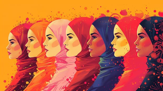 A diverse group of women are gathered together, each wearing a unique headscarf in varying colors. They stand side by side, expressing unity and diversity in their attire on Womens Day.