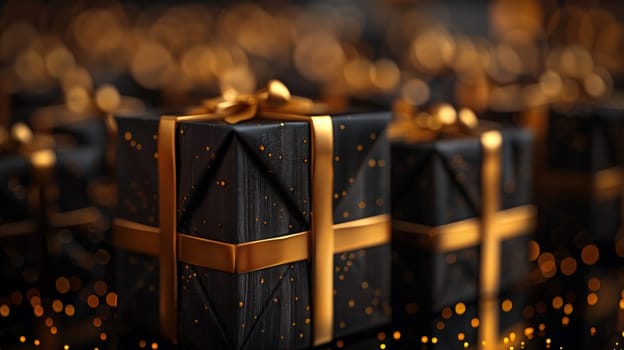 A collection of black and gold wrapped presents stacked neatly together. The shiny metallic wrapping paper reflects the light, creating a festive and elegant display for a sale or Black Friday event.