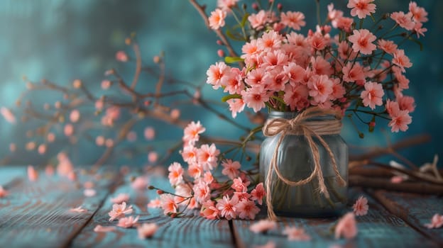 A wooden table displaying a vase filled with pink flowers. The vibrant blooms stand out against the rustic backdrop, creating a simple yet elegant centerpiece.