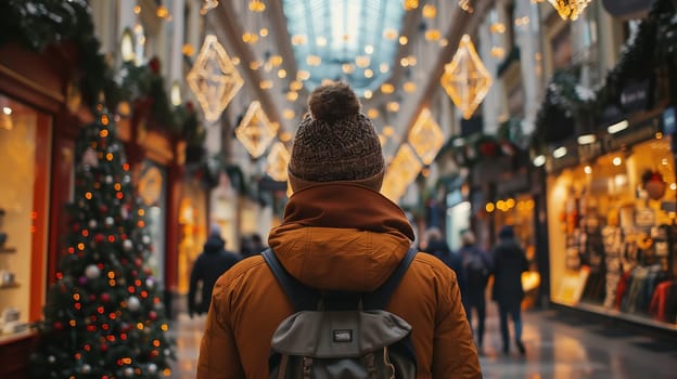A person with a backpack casually strolling through a bustling mall, surrounded by shops and people taking advantage of Black Friday sales.