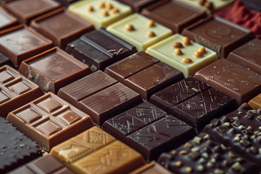 A variety of chocolate bars in different flavors and types neatly arranged on a table.