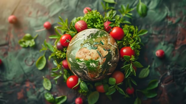 A ripe watermelon sits in the center, surrounded by vibrant green leaves and juicy red tomatoes. The contrast between the red, green, and white colors creates a visually appealing composition.