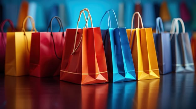 A row of vibrant and eye-catching bags are neatly arranged on top of a table, creating an enticing display for a sale event such as Black Friday. The colorful bags vary in size and design, attracting potential customers with their visual appeal.