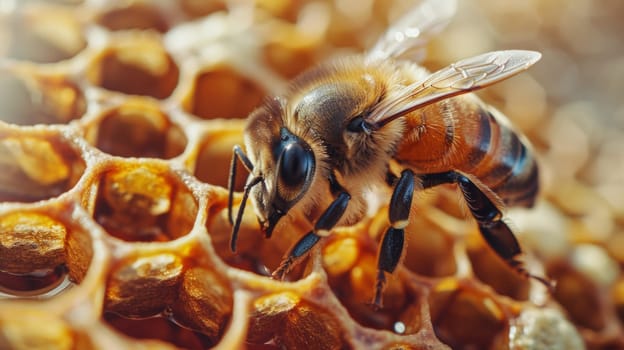 Macro photo of a working bee on honeycomb cells close up.