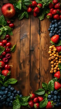 A wooden rustic frame with a variety of fruits and nuts, including apples, blueberries with blank space for text.