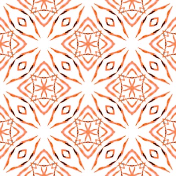Hand painted tiled watercolor border. Orange remarkable boho chic summer design. Textile ready symmetrical print, swimwear fabric, wallpaper, wrapping. Tiled watercolor background.