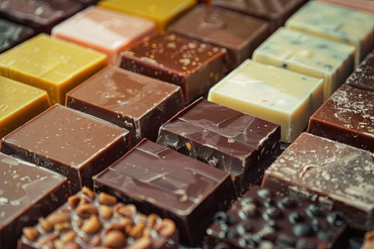 Close up view of various types of chocolate bars, displaying a range of flavors and textures in rich detail.