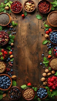 Top view of a wooden table with a variety of fruits and nuts in bowls. with copy space.