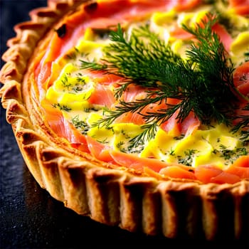 Smoked salmon and dill quiche a savory pastry filled with a creamy egg custard smoked. Food isolated on transparent background