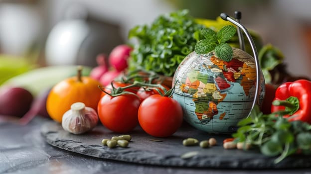 A globe is placed in the center of a table, encircled by an assortment of fresh vegetables such as tomatoes, cucumbers, bell peppers, and lettuce. The globe symbolizes the interconnectedness of global agriculture and food production.