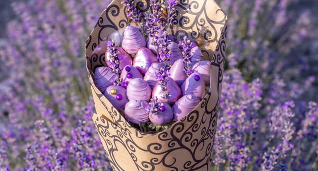 A bouquet of purple flowers with chocolate candies in a brown paper bag