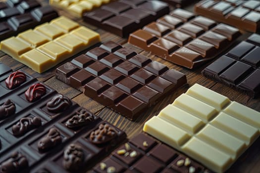 Various types of chocolate bars arranged neatly on a table, showcasing different flavors and types.