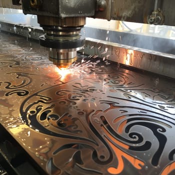 A laser cutter meticulously etches an ornate pattern onto a metal surface, highlighting the blend of technology and art in modern manufacturing