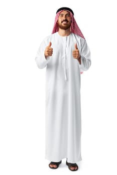 Young Arab man showing ok sign and smiling isolated on white background close up