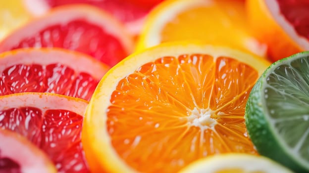 A close-up view of a group of vibrant oranges and limes arranged together. The bright orange and green colors of the fruits contrast beautifully, with their glossy skins reflecting light.