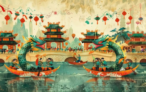 An artistic rendering of a dragon boat race, portrayed in a vintage illustration style with cultural elements and a festive atmosphere