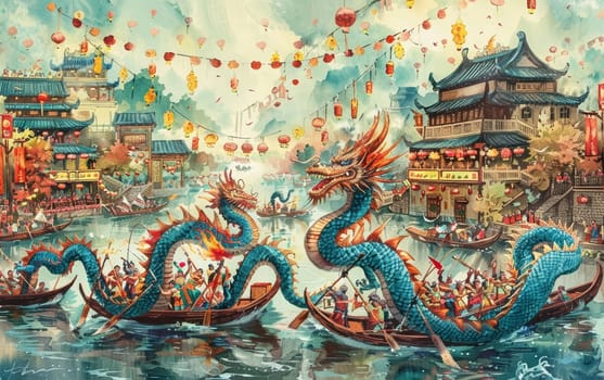 A festive dragon boat race unfolds in a lively town with traditional Chinese architecture and bustling atmosphere, in rich, saturated colors