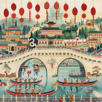 Traditional Chinese architecture along a bustling river scene with red lanterns hanging overhead and boats rowing beneath an ornate bridge