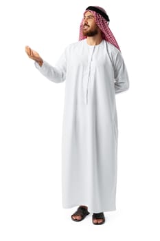 Young Arab man in traditional clothingpointing hand isolated on white background