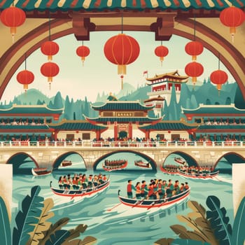 A Chinese celebration with dragon boats under a pagoda-embellished bridge and red lanterns decorating the sky, depicting a rich cultural moment