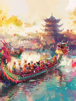 A serene dragon boat race with ethereal light, as rowers in vivid attire glide past a fog-shrouded pagoda and vibrant festival decorations