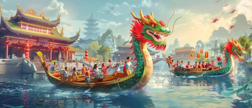 Dynamic dragon boat race at a Chinese riverside, with spirited teams rowing fiercely, cheered by spectators against a scenic temple backdrop