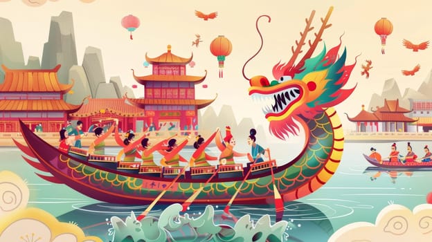 Colorful illustration of a dragon boat festival, with participants rowing a vibrant dragon-headed boat against a backdrop of traditional Chinese architecture