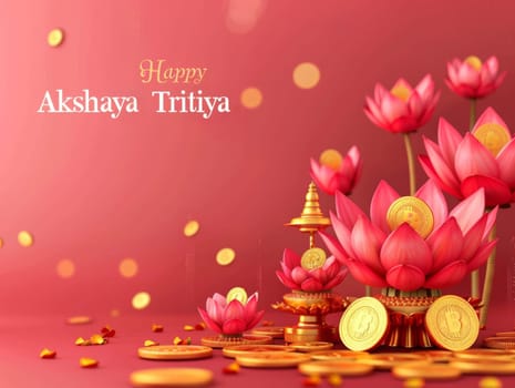 Happy Akshaya Tritiya expressed with vibrant pink lotus flowers and golden coins, embodying prosperity and good fortune on a red background
