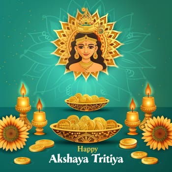 A radiant illustration for Akshaya Tritiya featuring a goddess, gold coins, and diya lamps against a teal background symbolizing eternal prosperity