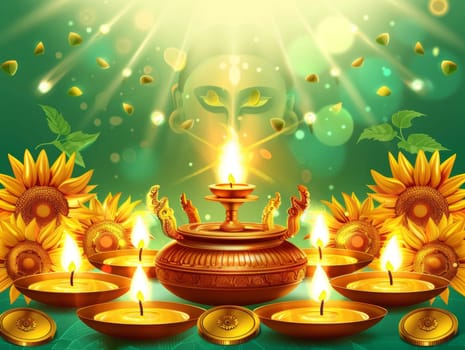 Celebratory illustration of Akshaya Tritiya with golden lamps and sunflowers, highlighting themes of growth, prosperity, and auspicious beginnings