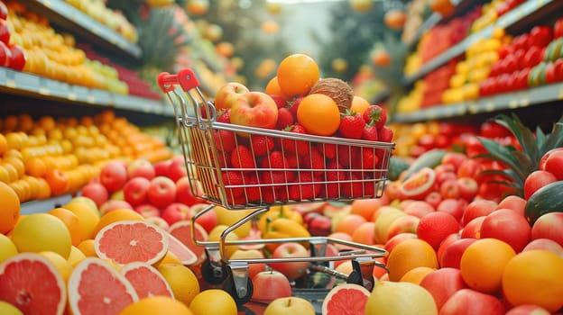 A shopping cart overflowing with a variety of colorful and fresh fruits, including apples, bananas, oranges, and grapes. The cart is parked in front of a grocery store, ready for purchase.