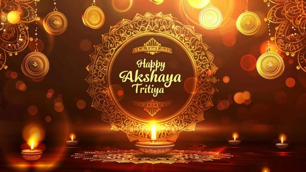 A captivating Akshaya Tritiya graphic showcasing a glowing diya in the center, surrounded by rich golden mandalas, inviting good fortune and success