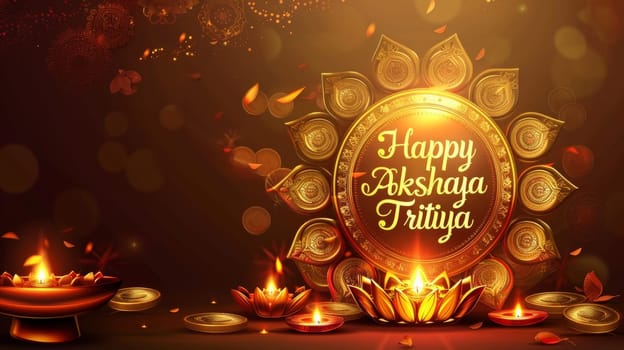 This Akshaya Tritiya visual exudes elegance with its gold-toned diya and decorative elements, fostering feelings of joy and prosperity