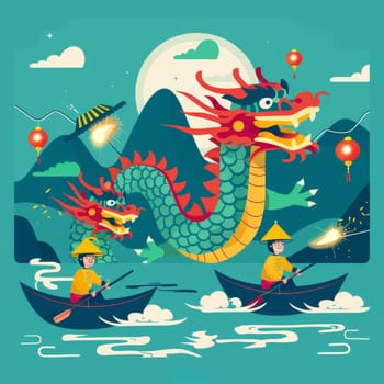 A vibrant, stylized illustration of a colorful dragon boat sailing on the sea against a beautiful sunset. Asian festival.