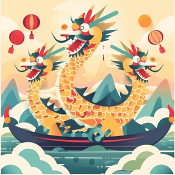 A vibrant, stylized illustration of a colorful dragon boat sailing on the sea against a beautiful sunset. Asian festival.