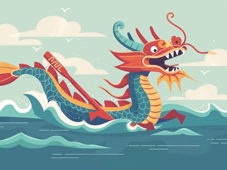 A vibrant, stylized illustration of a colorful dragon boat sailing on the sea against a beautiful sunset. Asian festival.