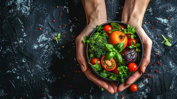 A person is seen holding a bowl filled with a variety of fresh vegetables. The vegetables look vibrant and colorful, showcasing their freshness. The persons hands are carefully gripping the bowl, emphasizing the importance of the produce.