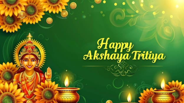 A festive greeting for Akshaya Tritiya featuring a smiling goddess, gold coins, and bright sunflowers on a green backdrop.