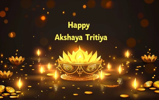 Akshaya Tritiya celebration is captured with a glowing diya and scattered gold coins, set against a backdrop of twinkling lights