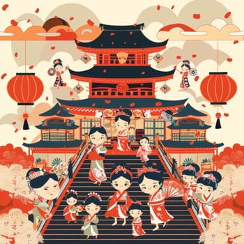 A vibrant and colorful scene depicting a lively Japanese festival, with traditional architecture, festive lanterns, and crowd of people in traditional attire celebrating and enjoying the festivities