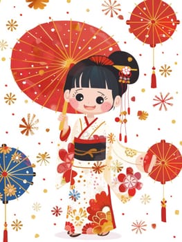 A cheerful young Japanese girl in traditional clothing holds a vibrant red parasol, surrounded by a whimsical display of colorful fireworks and floral patterns