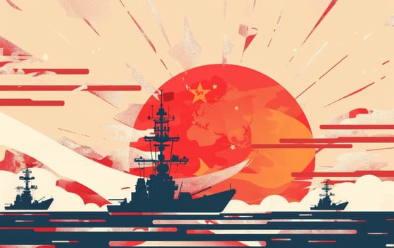 This illustration depicts a vivid naval scene with Chinese warships at sunset, adorned with the national flag, amid aerial combat