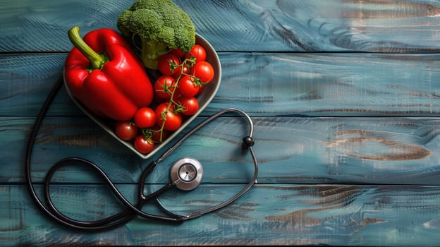 A plate filled with colorful vegetables is placed next to a stethoscope on a blue wooden table. The vegetables include carrots, peppers, broccoli, and tomatoes. The stethoscope is positioned alongside the plate, symbolizing a connection between healthy eating and medical care.